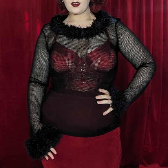Lip Service Tops - Vintage Lip Service faux fur trim fishnet top - XL